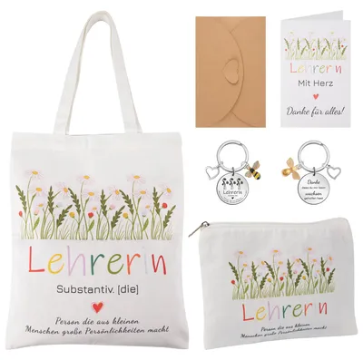 Geschenkset für Lehrer: Tasche, Kosmetiktasche, Schlüsselanhänger & Karte
