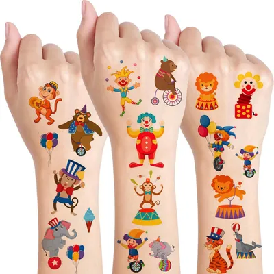 Imagen del producto de Kit de tatuajes temático "Circo", 10 diseños, para niños, ideal para fiestas de cumpleaños