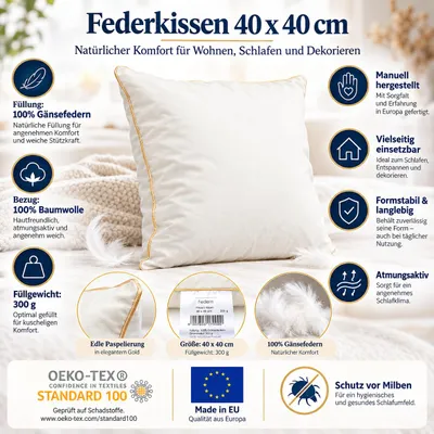 Produktbild von Federkissen 40x40 cm 300 g 100% Gänsefedern Baumwolle Kissenfüllung