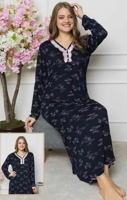 Immagine prodotto di Damen Nachthemd Tunika Pyjama Schlafanzug Marineblau L Lang Nachtwäsche mit Muster S-57