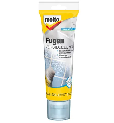 Produktbild von Molto Fugen Versiegelung, Fliesenfuge, Transparent, Fußboden & Wand, Badezimmer, Küche, 1 h, Tube vor Gebrauch schütteln. Vor der Anwendung den Schwamm von der Tube abdrehen, Schutzsiegel...