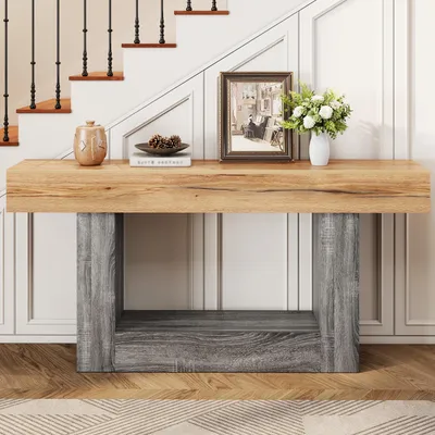 Imagen del producto de Mesa consola Merax, diseño bicolor con aspecto de madera, ideal para recibidores, con espacio de almacenamiento, mesa auxiliar estrecha para salón y entrada, diseño Wabi Sabi