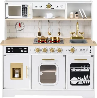 Imagen del producto de Cocina de juguete con luces y sonidos, cocina de madera con estufa, fregadero, horno, máquina de helados, microondas, cafetera, cocina de madera que incluye 14 accesorios, cocina de juguete para niños a partir de 3 años (blanca)