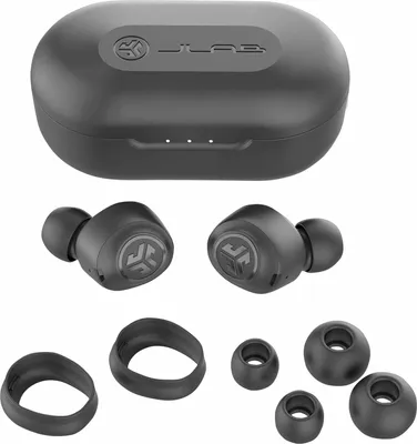 A set of black JLab JBuds Air True Wireless earbuds with their charging case and extra ear tips and silicone rings.