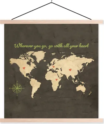 Produktbild von MuchoWow® Textilposter Weltkarte - Liebe - Vintage 40x40 cm mit holzfarbenen Rahmen - Posterleiste