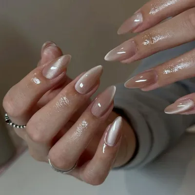 Obrázek produktu pro Umělé nehty, třpytivé, nude barva, mandlový tvar, krátké, sada 30 kusů, gelové