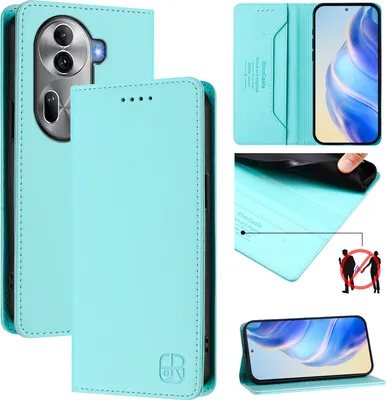 Produktbild von Lederhülle für Oppo Reno11 Pro Hülle Flip Brieftasche Kartenfächern Ständer Schutzhülle Türkis