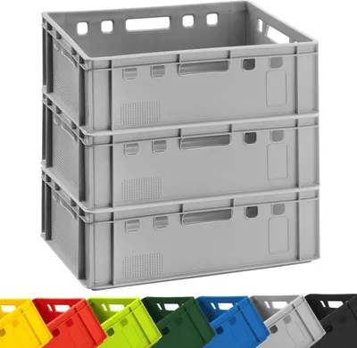 Produktbild von 3x BURI Fleischkiste E2 Grau 60x40x20cm Lagerkiste, Meischkiste, Metzgerkiste Eurobox aus Deutschland lebensmittelecht, robust, stapelbar