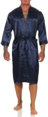 Produktbild von Herren Morgenmantel Robe Bathrobe Bademantel Satin, Blau XXL