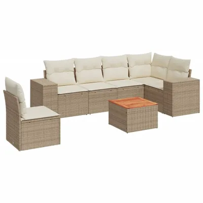 Produktbild von Modulare Garten-Sofagarnitur, 7-tlg., Poly Rattan Beige, mit Stauraum, wasserabweisendem Beutel, Akazienholz-Tischplatte, UV-beständig