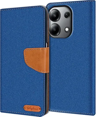 A blue flip case for a smartphone, with a brown leather strap closure and a small logo on the bottom left.