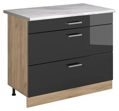 Immagine prodotto di Mobiletto base per cucina Vicco R-Line Antracite lucido/Rovere dorato 100 cm piano di lavoro Marmo, Model 71608
