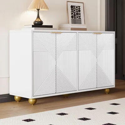 Produktbild von Merax Sideboard mit 4 gravierten Türen, Kommode mit verstellbaren Einlegeböden, Wohnzimmerschrank mit goldenen Metallgriffen & Kugelbeinen, Weiß