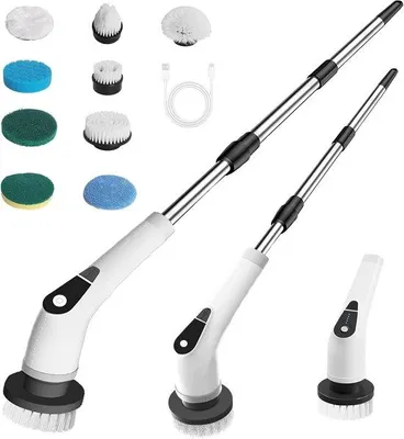 Obrázek produktu pro Elektrický čisticí kartáč 9 v 1 s rotační hlavicí, 5 rychlostí, teleskopická tyč až do délky 130 cm, vhodný do koupelny, kuchyně, na podlahy a terasy