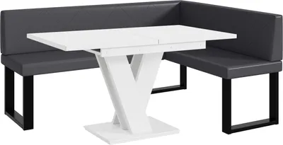 Produktbild von MEBLINI Eckbank für Esszimmer mit ausziehbarem Tisch  - Küchenbank - Essecke - Sitzecke Küche - ERIC - U-Beine 128x168x87cm Rechts - Grau Kunstleder/M Weiß Matt