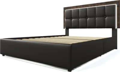 Produktbild von Polsterbett 140x200cm Doppelbett (Ohne Matratze) Funktionsbett PolyurethanSchwarz Höhenverstellbarem Kopfteil Mit LED-Beleuchtungsleiste und 4 Schubladen
