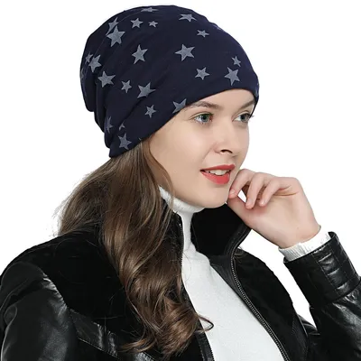 Produktbild von Damen Wintermütze gefüttert Slouch Beanie - mit Sternen-Print dunkelblau