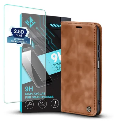 Produktbild von Handy Hülle für Xiaomi Redmi Note 11 mit 9H Displayglas Klapphülle Bookcase Flip Cover Handy Tasche Etui Farbe: Hellbraun