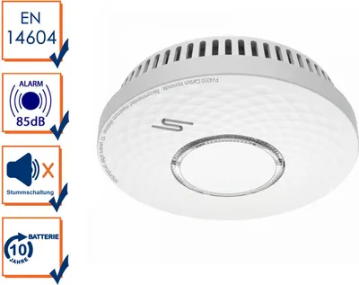 A white smoke and carbon monoxide detector is shown on a white background, with informational icons on the left.