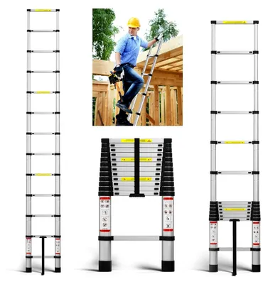 Produktbild von Teleskopleiter 3,8 m, Mehrzweckleiter aus Aluminium, Tragfähigkeit 150 kg, klappbar, leicht und rutschfest, ausziehbar, für Camping, Dacharbeiten, Bauprojekte, Silber