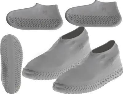 A collection of grey shoe covers arranged in a collage.