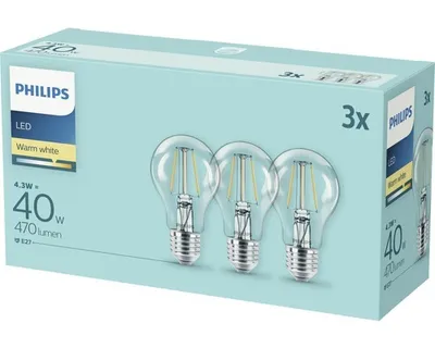 Produktbild von Philips Filament-Lampe, transparent, 40W A60 E27 x3, 4,3 W, 40 W, E27, 470 lm, 15000 h, Warmweiß