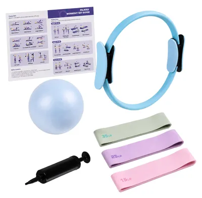 Produktbild von Relaxdays Pilates Set, 6-teilig, Ring, Ball mit Pumpe, Widerstandsbänder 3 Stärken, Pilateszubehör für zuhause, blau