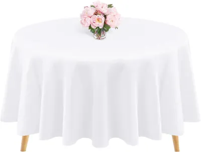 Imagen del producto de Mantel redondo de poliéster, blanco, con un diámetro de 228 cm, ideal para celebraciones