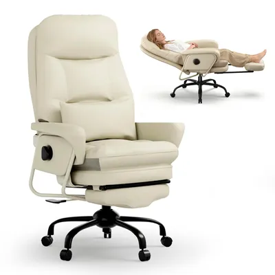 A beige ergonomic office chair is shown in two views: one upright and one reclined with a person sitting in it.