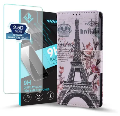 Produktbild von Handy Hülle für Samsung Galaxy A36 5G mit 9H Displayglas Klapphülle Bookcase Flip Cover Handy Tasche Etui Motiv: Eiffelturm Paris Blumen