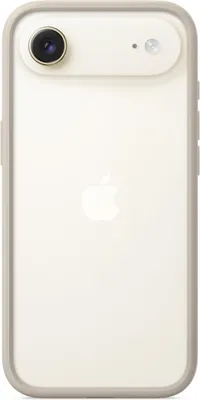 The back of a white iPhone with a light gray bumper case is shown against a white background. The Apple logo is visible in the center of the phone's back.
