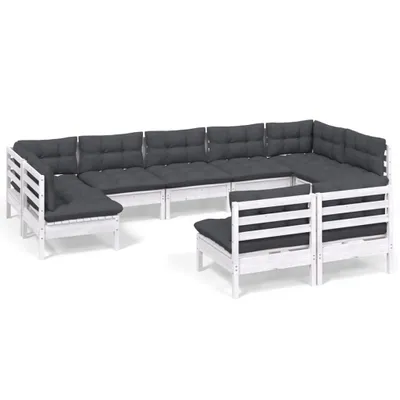 Produktbild von 9-tlg. Garten-Lounge-Set mit Kissen Weiß Kiefer Massivholz