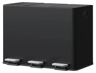 Immagine prodotto di Contenitore per rifiuti da cucina - Bidone dei rifiuti - 45 litri - 3 scomparti - Con pedale - Coperchio con chiusura ammortizzata - Contenitori interni removibili - Colore: nero