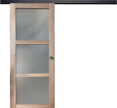 Immagine prodotto di Porta scorrevole in legno Frake con vetro H204 x L83 cm, binario in alluminio con banda nera, conchiglie Gd Menuiseries