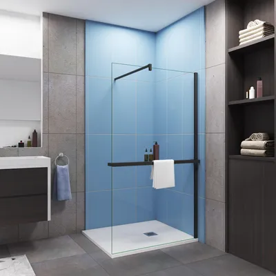 Produktbild von Duschparadies Schwarz Duschwand Walk-In,ESG Klarglas 8mm,120x200cm,mit Stabilisator:90cm,mit Ablage + Handtuchhalter