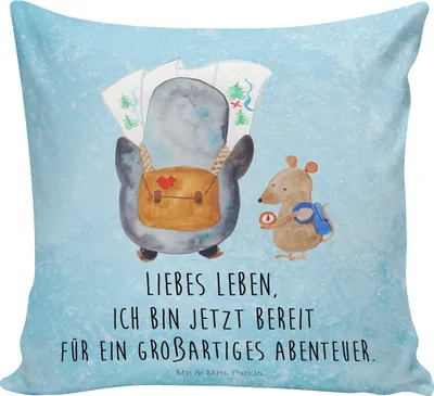 Produktbild von Mr. & Mrs. Panda kissen bedruckt Pinguin & Maus Wanderer - Eisblau - Geschenk, kuschelkissen 40x40, Ausflug, Sofakissen, Deko, Dekokissen Sofa, Wandern, Zierkissen
