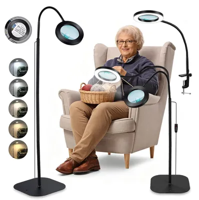 Produktbild von 3-in-1 Lupe - Standlupe mit LED-Licht - 10x/20x Vergrößerung - Dimmbares Licht - Freihändig zum Lesen und Nähen - Schwarz