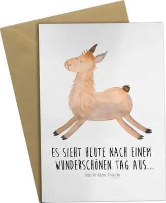 Produktbild von Mr. & Mrs. Panda babykarte Lama Springen - Weiß - Geschenk, Lamas, Start, kommunionskarte, Grußkarte, osterkarten, weihnachtskarten, Liebeskummer, einladungskarten