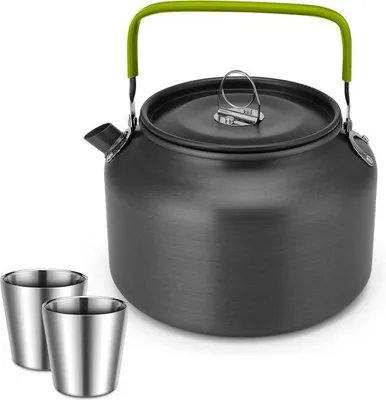 Produktbild von Outdoor-Kochset mit 1,8 l Teekanne und 2 x 180 ml Edelstahl-Becher, ideal für Camping, Picknick und Wandern