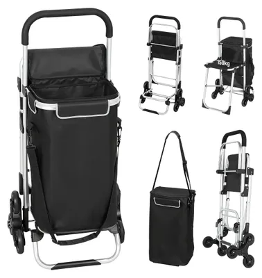 Produktbild von Einkaufstrolley, 40 L Oxford-Tasche, 3-Rad-Design, Aluminiumrahmen, Sitz, Grau