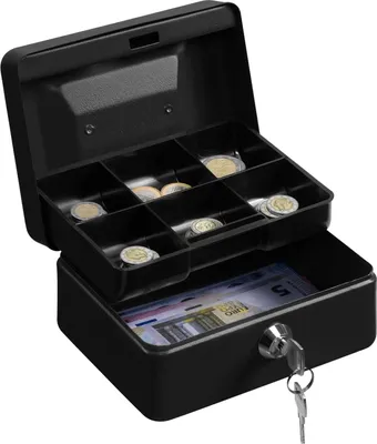 Produktbild von Abschließbare Geldkassette mit Schlüssel und Münzhalter - 15 cm - Platz für Dokumente und Reisepass - Praktisch und Sicher - Schwarz