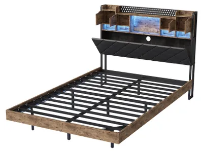 Produktbild von Moonbite Bett mit Stauraum 140x200 cm Schwarz, Regal-Kopfteil mit LED, Integrierter Stauraum, Metallrahmen, Hohe Belastbarkeit