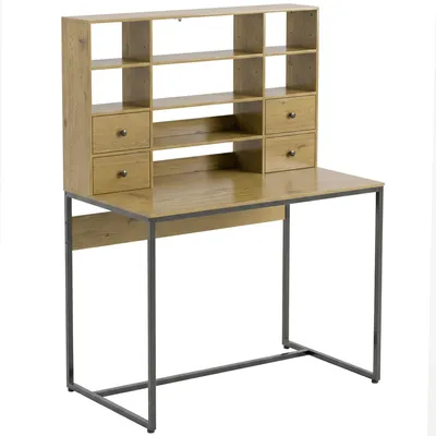 Produktbild von Computertisch mit 4 Schubladen und Regalen, Schreibtisch 105 cm, Naturholz