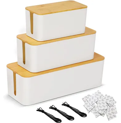Kabelbox mit Bambusdeckel, 3 Stück, Weiß, Kabelmanagement