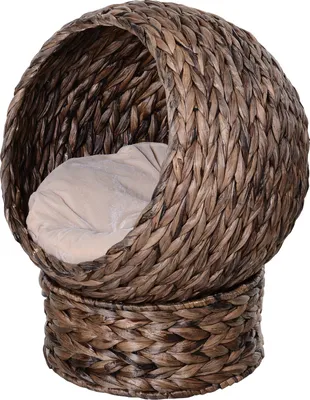 Produktbild von PawHut Rattan Katzenkorb Katzenhütte Katzenhöhle Katzenbett mit Kissen Haustierbett aus Wasserhyazinthe für Wohnzimmer Dunkelbraun 50 x 42 x 60 cm