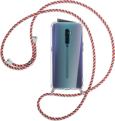 Produktbild von Handykette Backcover-Schutzhülle mit Band (Metall silberfarben) für Oppo Reno2 - weinrot/gelb/grau