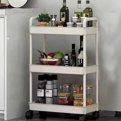 Productafbeelding van Ibenzoa® Opberg- en serveerwagen met 3 niveaus, 60 x 29,5 x 20,5 cm, kunststof, met 360° draaiende wielen, geventileerde plateaus, montage zonder gereedschap