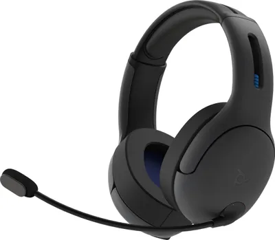 A black wireless headset with a microphone is shown against a white background.
