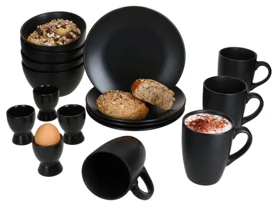 Produktbild von Nero 16tlg Frühstücksset matt schwarz Steingut Teller Becher Schalen Eierbecher