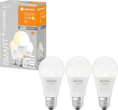 Image de LEDVANCE Ampoule LED intelligente avec technologie WiFi, culot E27, à intensité variable, blanc chaud (2700 K), remplace les ampoules à incandescence de 60 W, SMART+ WiFi Classic Dimmable, lot de 3